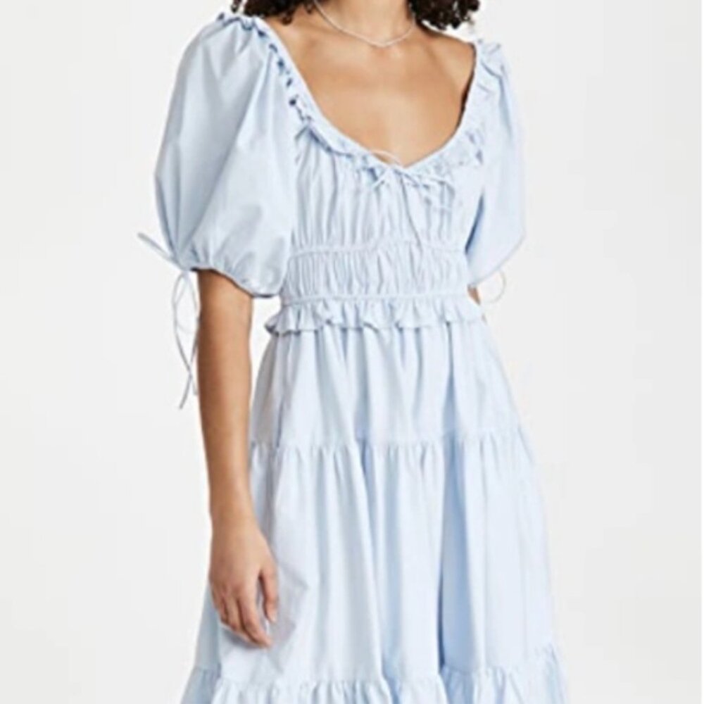 En Saison Light Blue Puff-Sleeve Tiered Dress - Picture 2 of 6